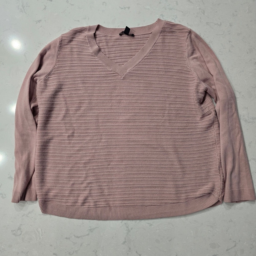 Hilary Radley Women XL V-Neck Sweater Pink Textured Ribbed Knit Long Sleeve Top